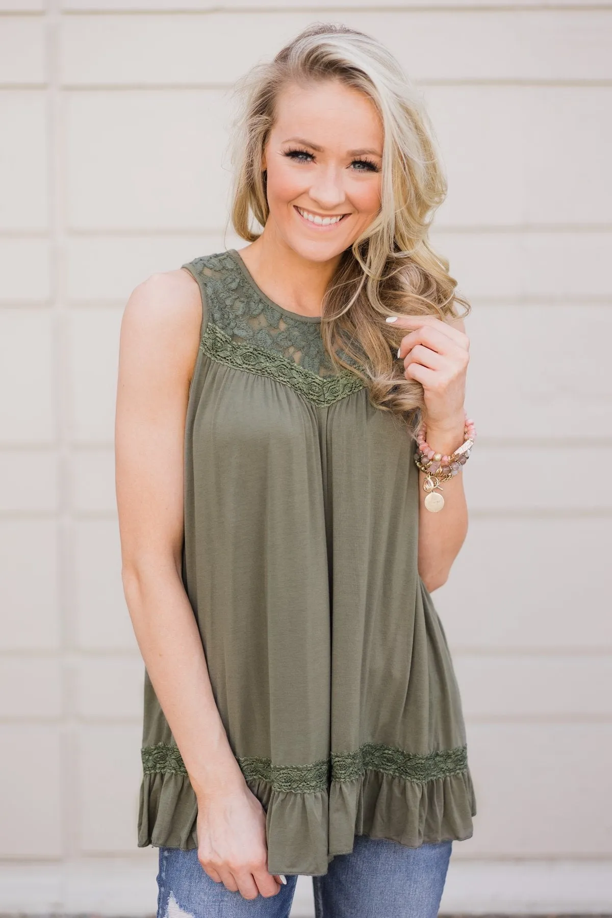 Coming Home Lace Tank- Olive