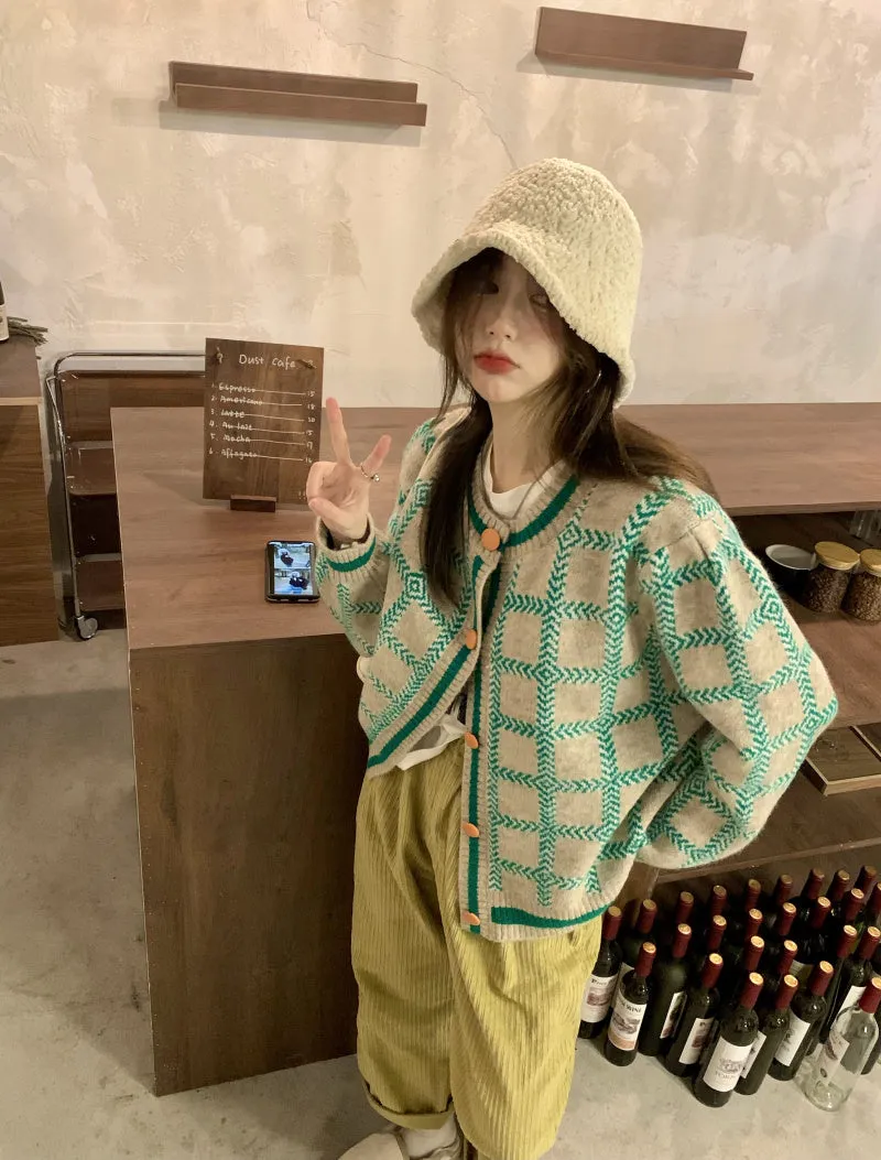Contrasting Check Lazy Sweater Cardigan