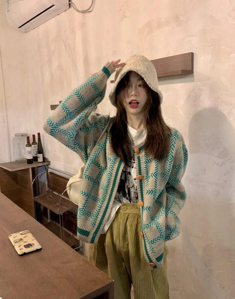 Contrasting Check Lazy Sweater Cardigan