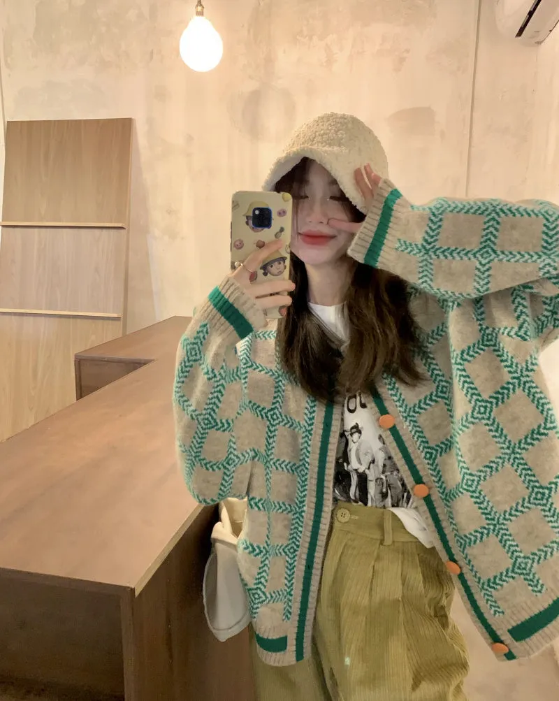 Contrasting Check Lazy Sweater Cardigan