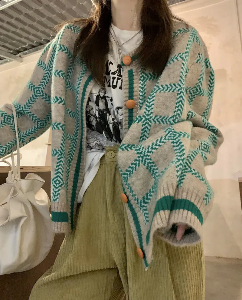 Contrasting Check Lazy Sweater Cardigan