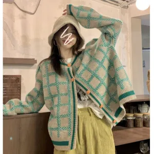 Contrasting Check Lazy Sweater Cardigan
