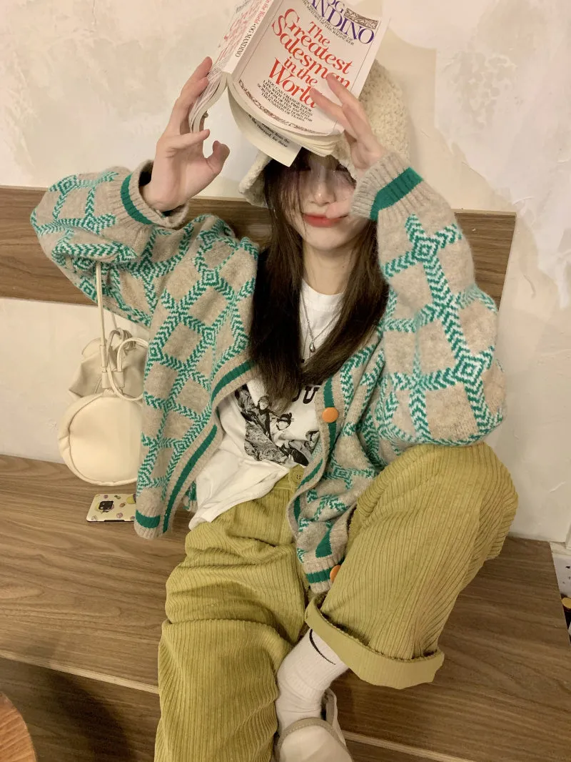 Contrasting Check Lazy Sweater Cardigan