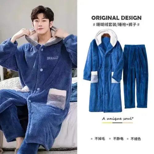 Coral Fleece Nightgown Men's Winter Plus Size Nightgown Suit Thicken