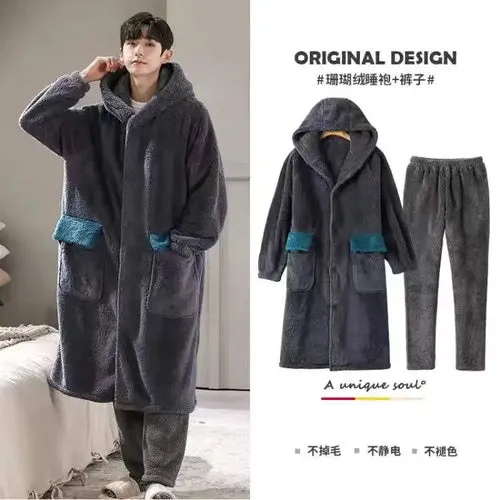 Coral Fleece Nightgown Men's Winter Plus Size Nightgown Suit Thicken