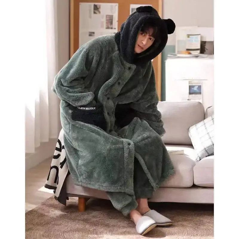 Coral Fleece Nightgown Men's Winter Plus Size Nightgown Suit Thicken