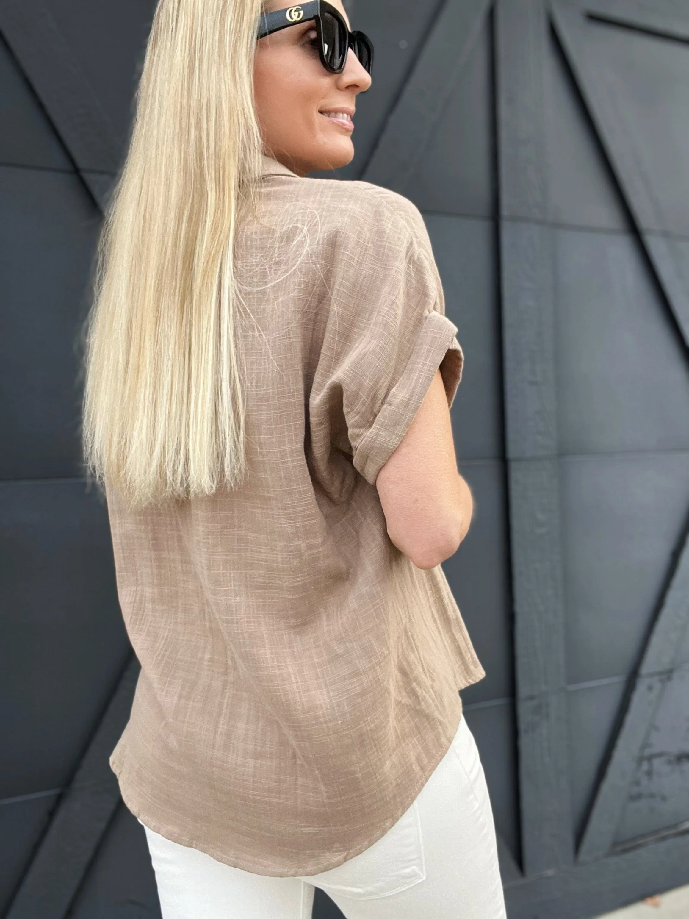 Cotton Gauze Button Down-Taupe