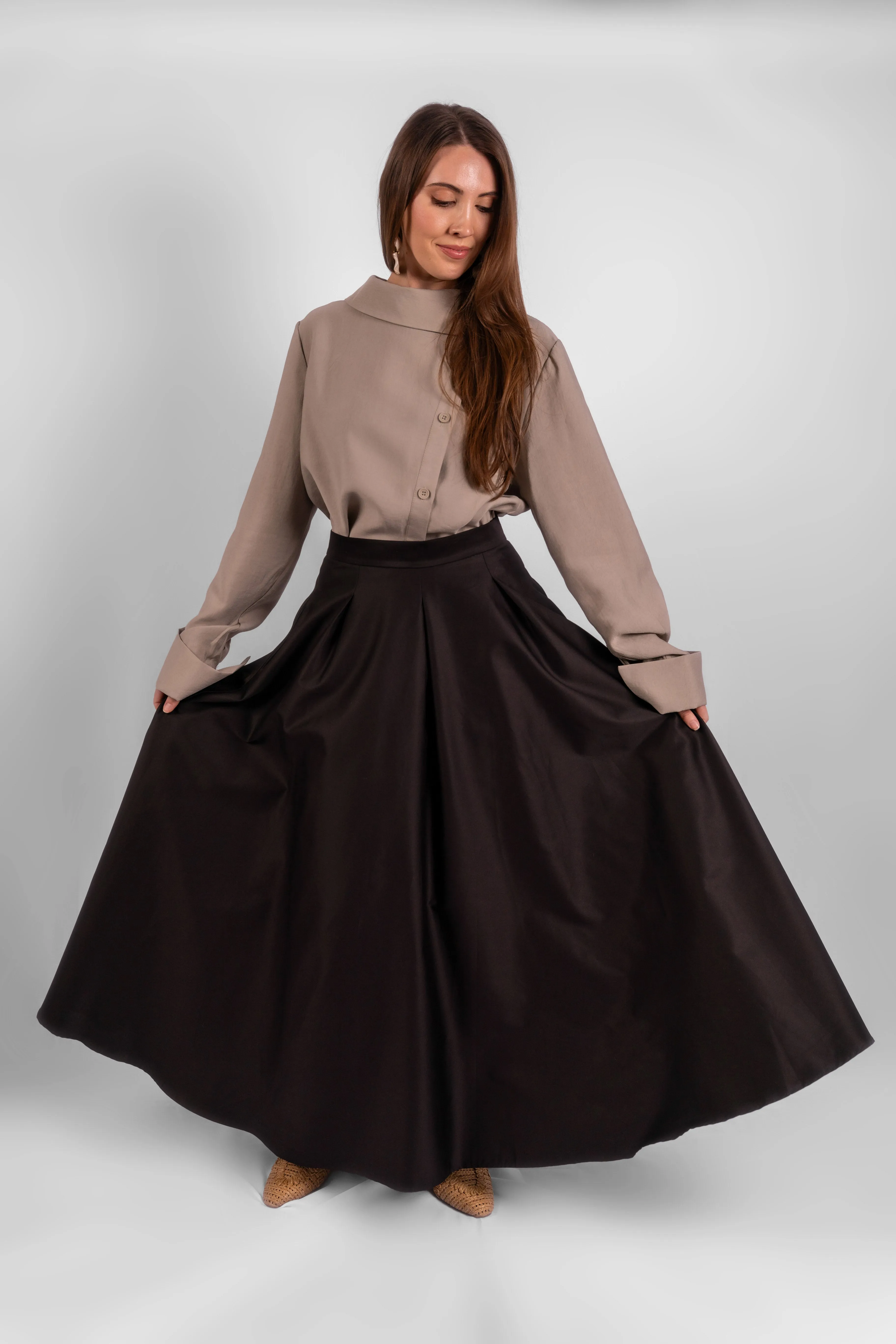 Cotton Maxi Skirt with Pockets - Black
