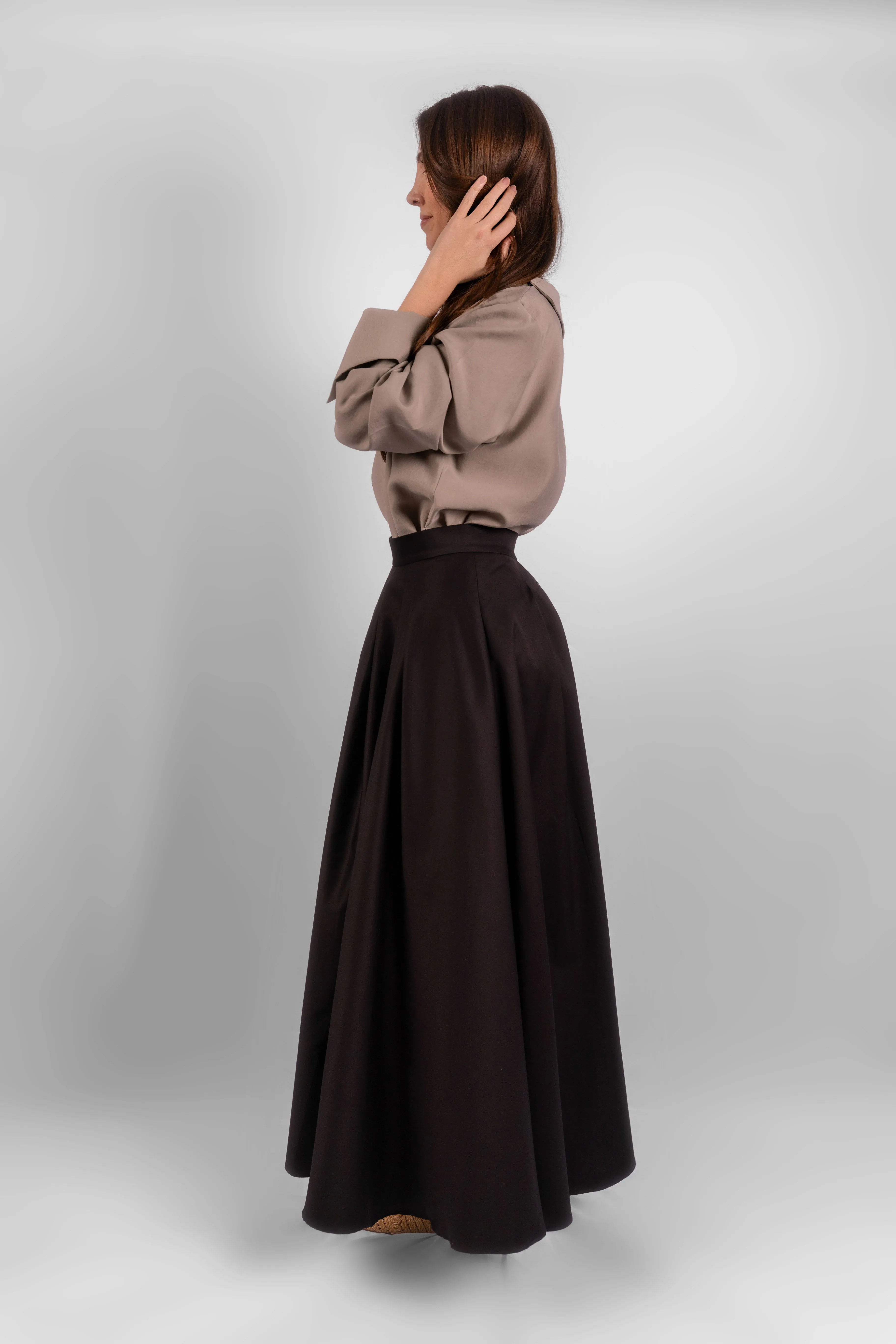 Cotton Maxi Skirt with Pockets - Black