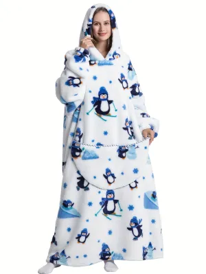 Cozy Plus Size Cartoon Penguin Sherpa Fleece Nightgown - Soft, Warm, Oversized Wearable Blanket for Fall & Winter - Plus Size Nightgowns & Sleepshirts