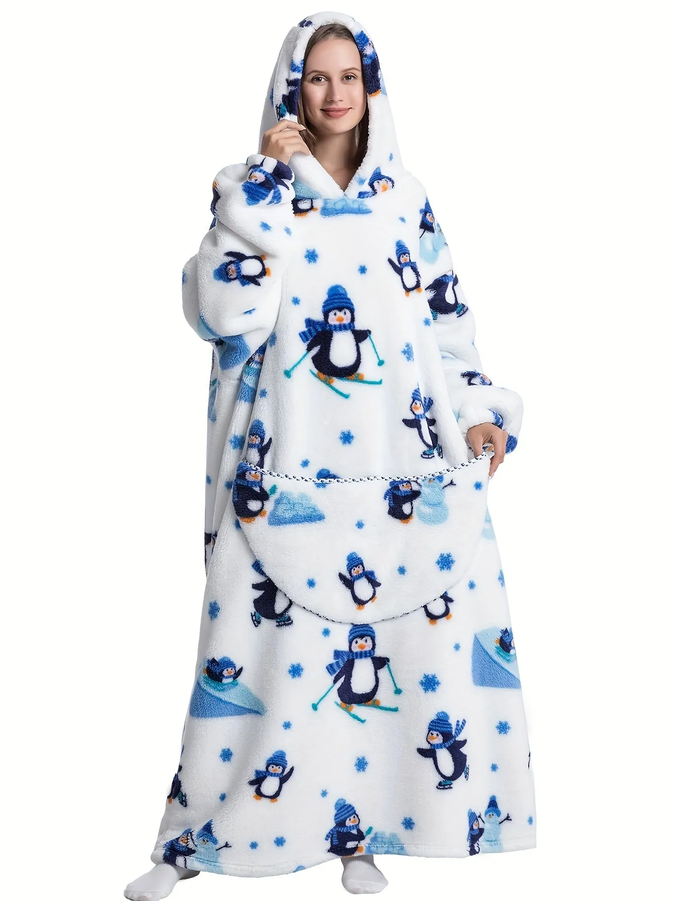 Cozy Plus Size Cartoon Penguin Sherpa Fleece Nightgown - Soft, Warm, Oversized Wearable Blanket for Fall & Winter - Plus Size Nightgowns & Sleepshirts