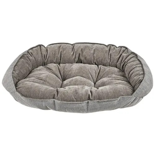 Crescent Cuddler Dog Bed — Truffle Linen / Bark MicroVelvet