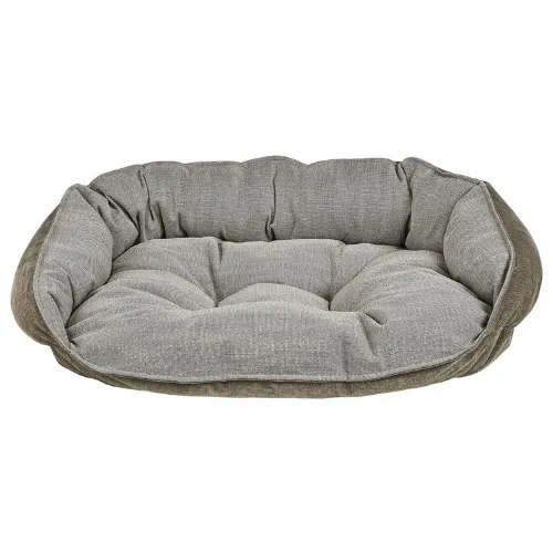 Crescent Cuddler Dog Bed — Truffle Linen / Bark MicroVelvet