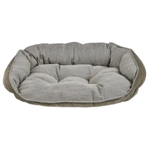 Crescent Cuddler Dog Bed — Truffle Linen / Bark MicroVelvet