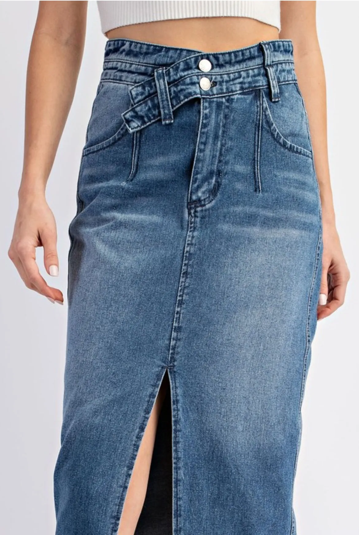 Crossover Denim Midi Skirt
