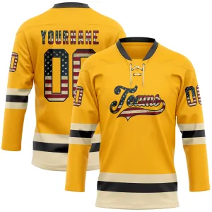 Custom Gold Vintage USA Flag Black-Cream Hockey Lace Neck Jersey