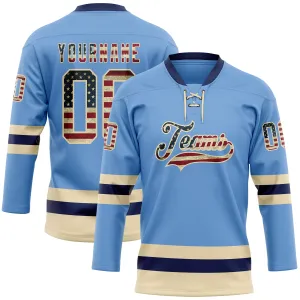 Custom Light Blue Vintage USA Flag Cream-Navy Hockey Lace Neck Jersey