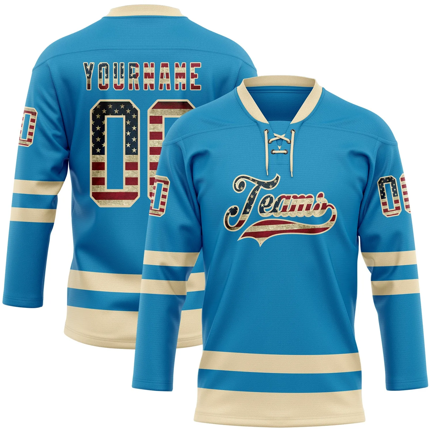 Custom Panther Blue Vintage USA Flag-Cream Hockey Lace Neck Jersey
