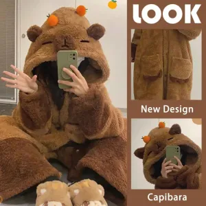 Cute Capybara Pajamas   Pants Set – Warm Winter Nightgown with Coral Fleece and Orange Clips, Cozy Sleepwear
