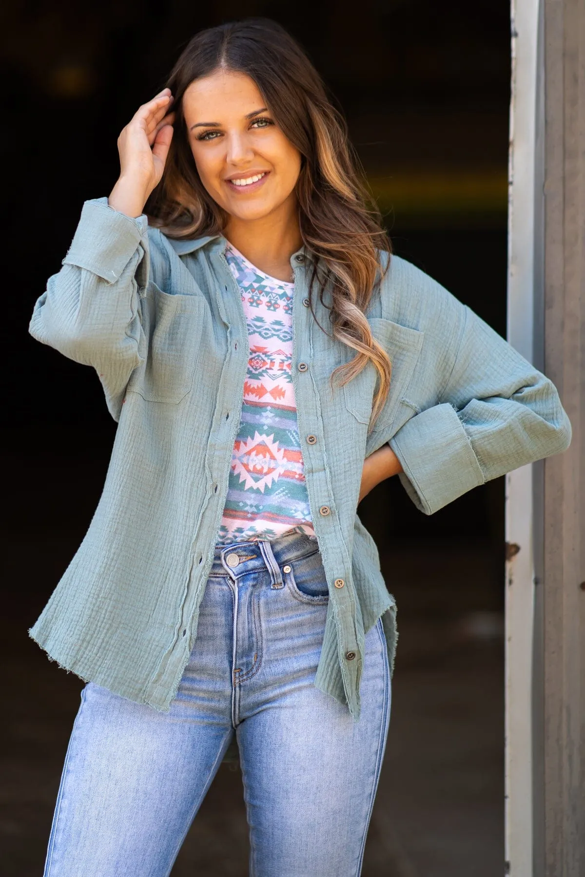 Dark Ash Gauze Textured Button Up Top