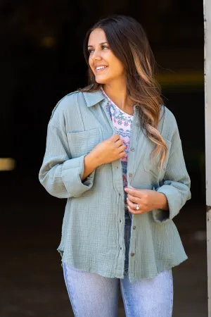 Dark Ash Gauze Textured Button Up Top