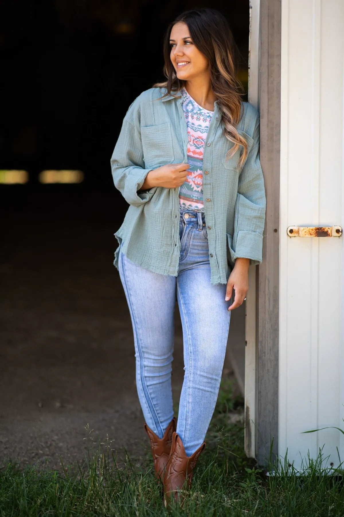 Dark Ash Gauze Textured Button Up Top