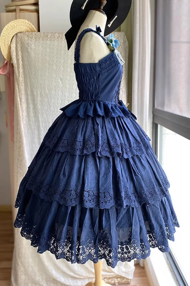 Dark Blue [Forest Waltz] Embroidery Bowknot Lace-Up Slim Sweet Elegant Lolita Suspender Top