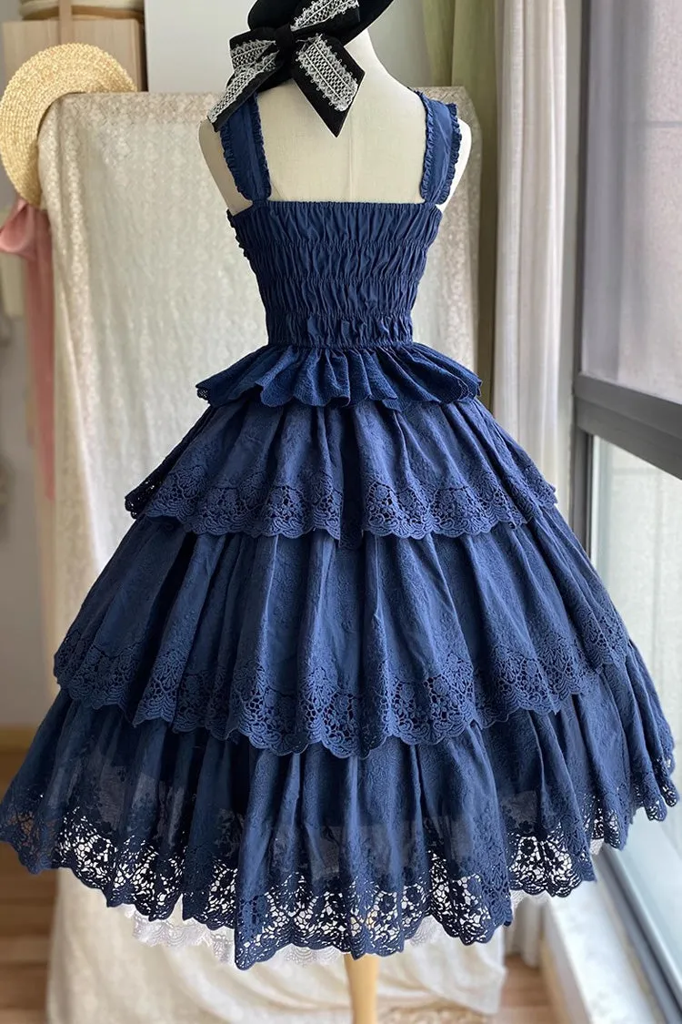 Dark Blue [Forest Waltz] Embroidery Bowknot Lace-Up Slim Sweet Elegant Lolita Suspender Top