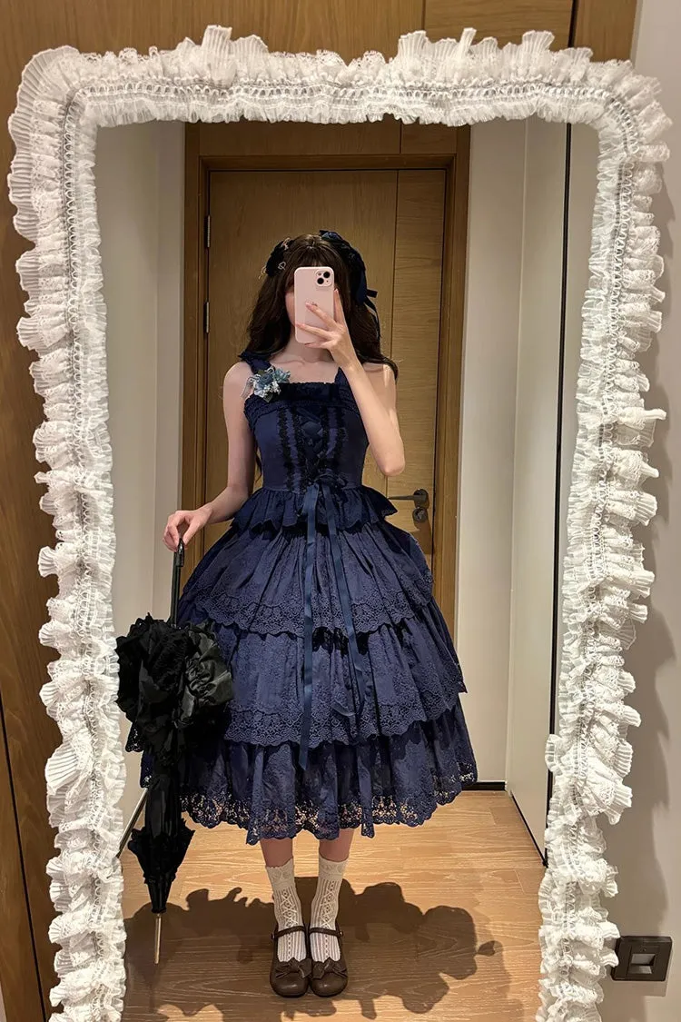 Dark Blue [Forest Waltz] Embroidery Bowknot Lace-Up Slim Sweet Elegant Lolita Suspender Top
