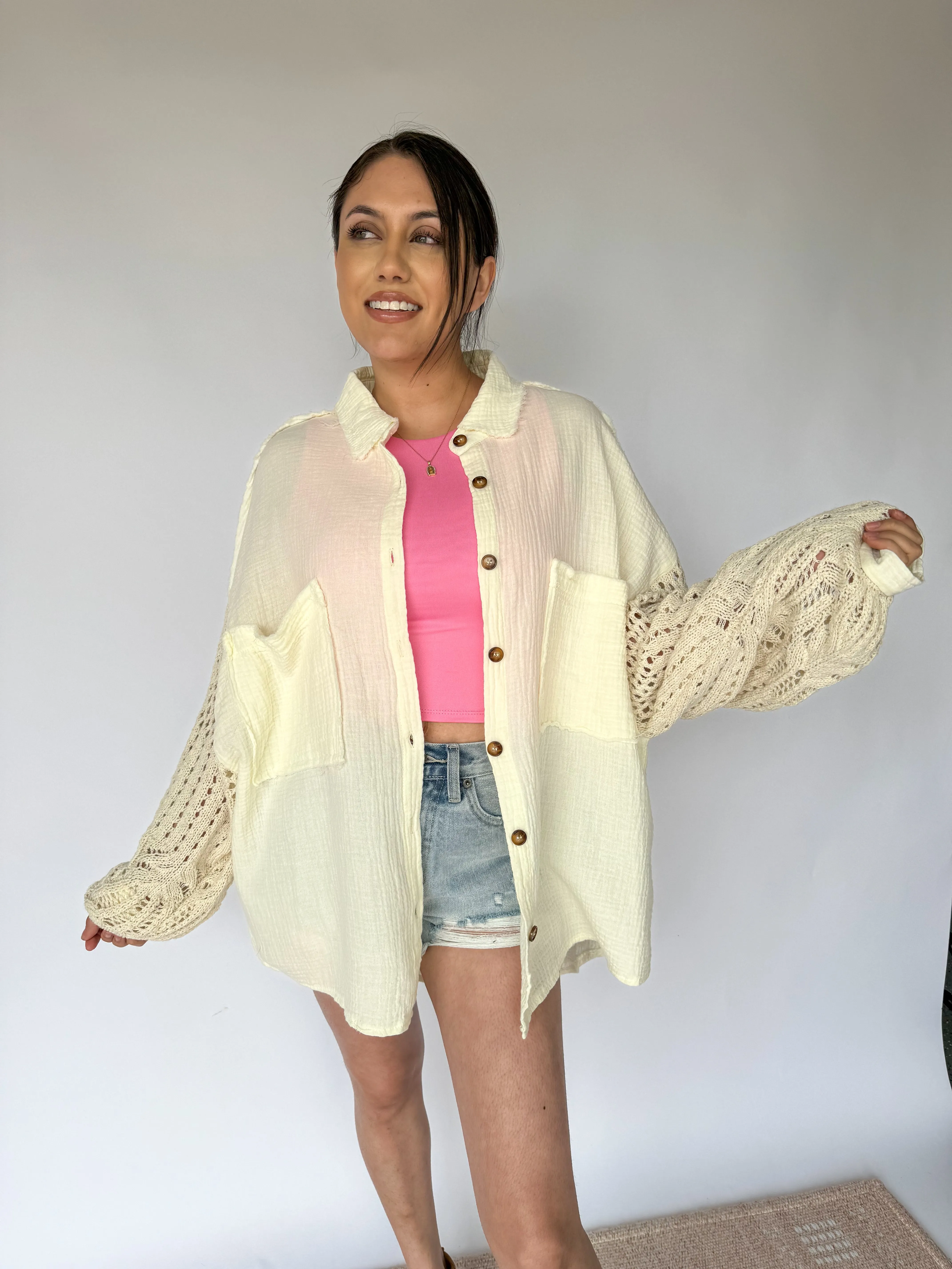 Daydream Crochet Sleeve Button Up Gauze Top
