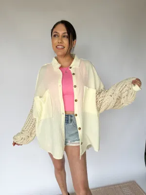 Daydream Crochet Sleeve Button Up Gauze Top