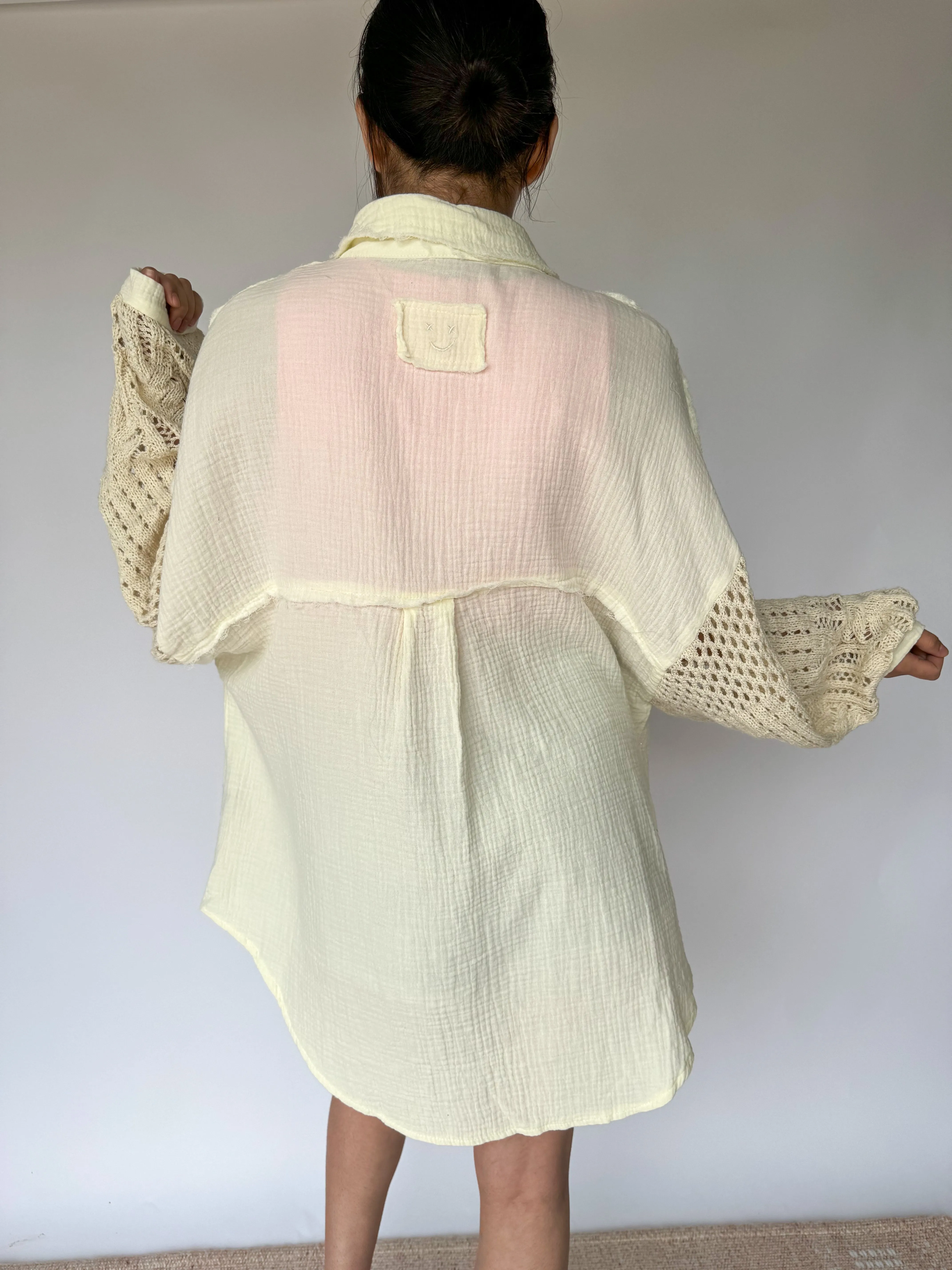 Daydream Crochet Sleeve Button Up Gauze Top