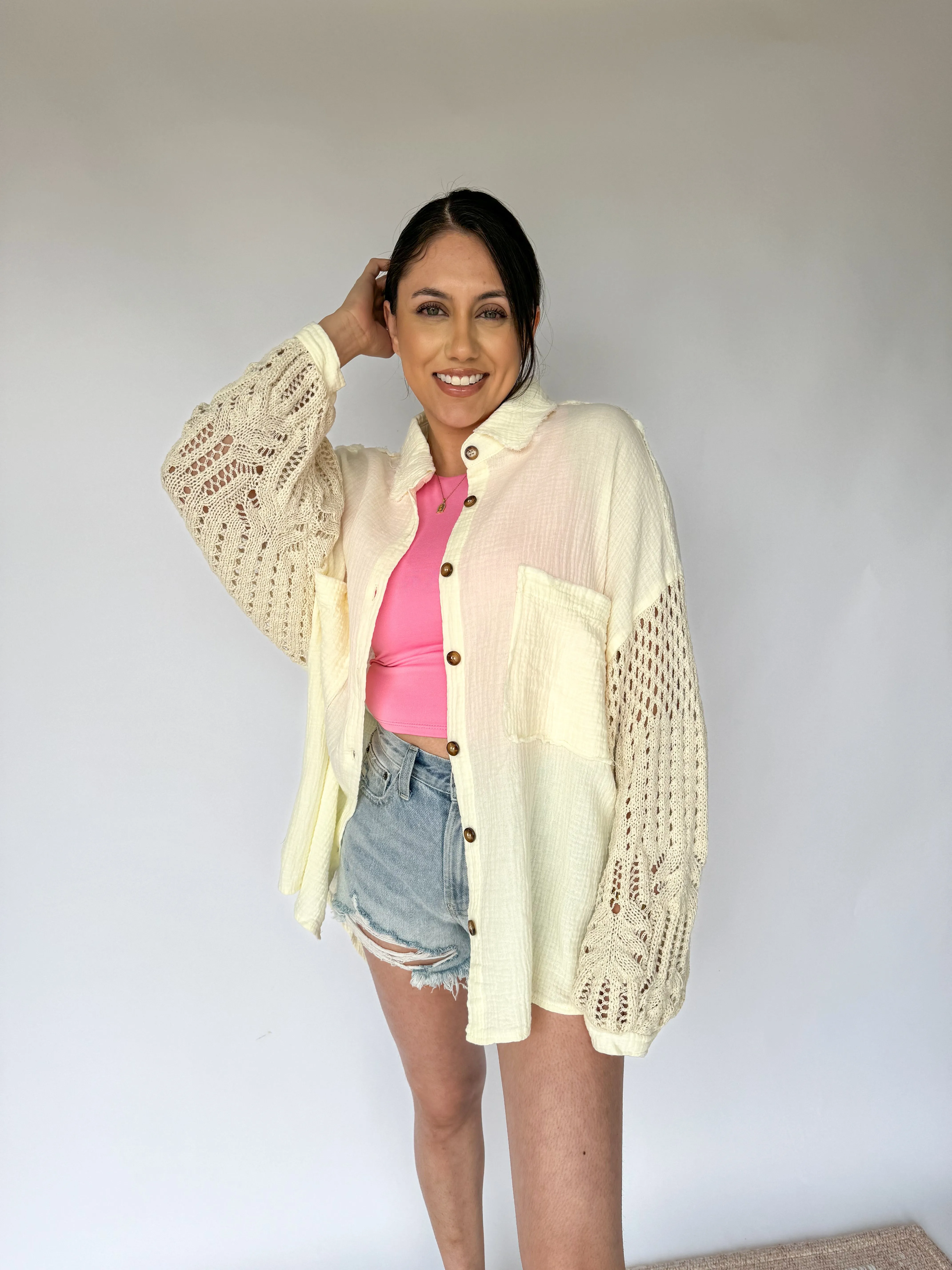 Daydream Crochet Sleeve Button Up Gauze Top