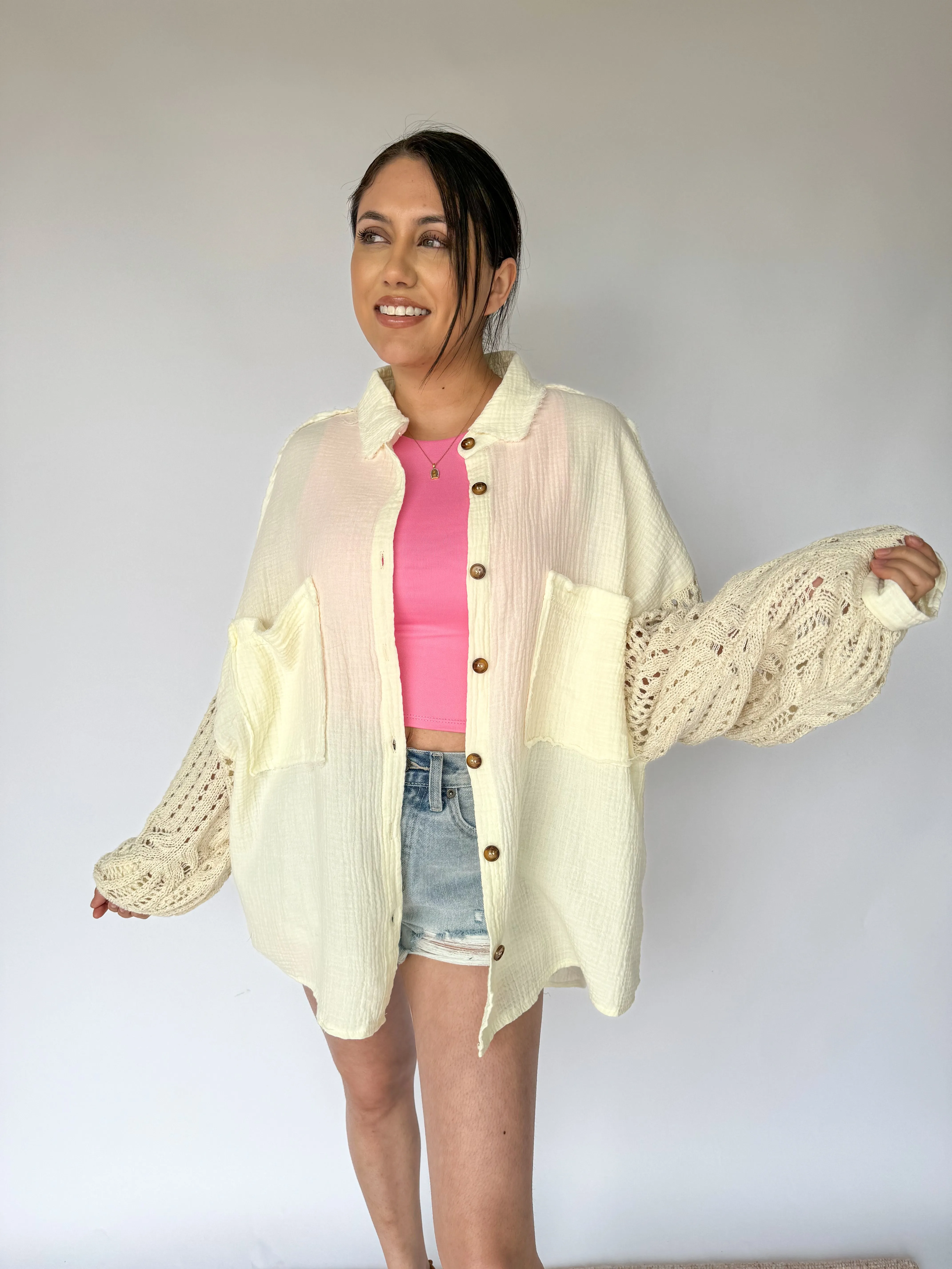 Daydream Crochet Sleeve Button Up Gauze Top