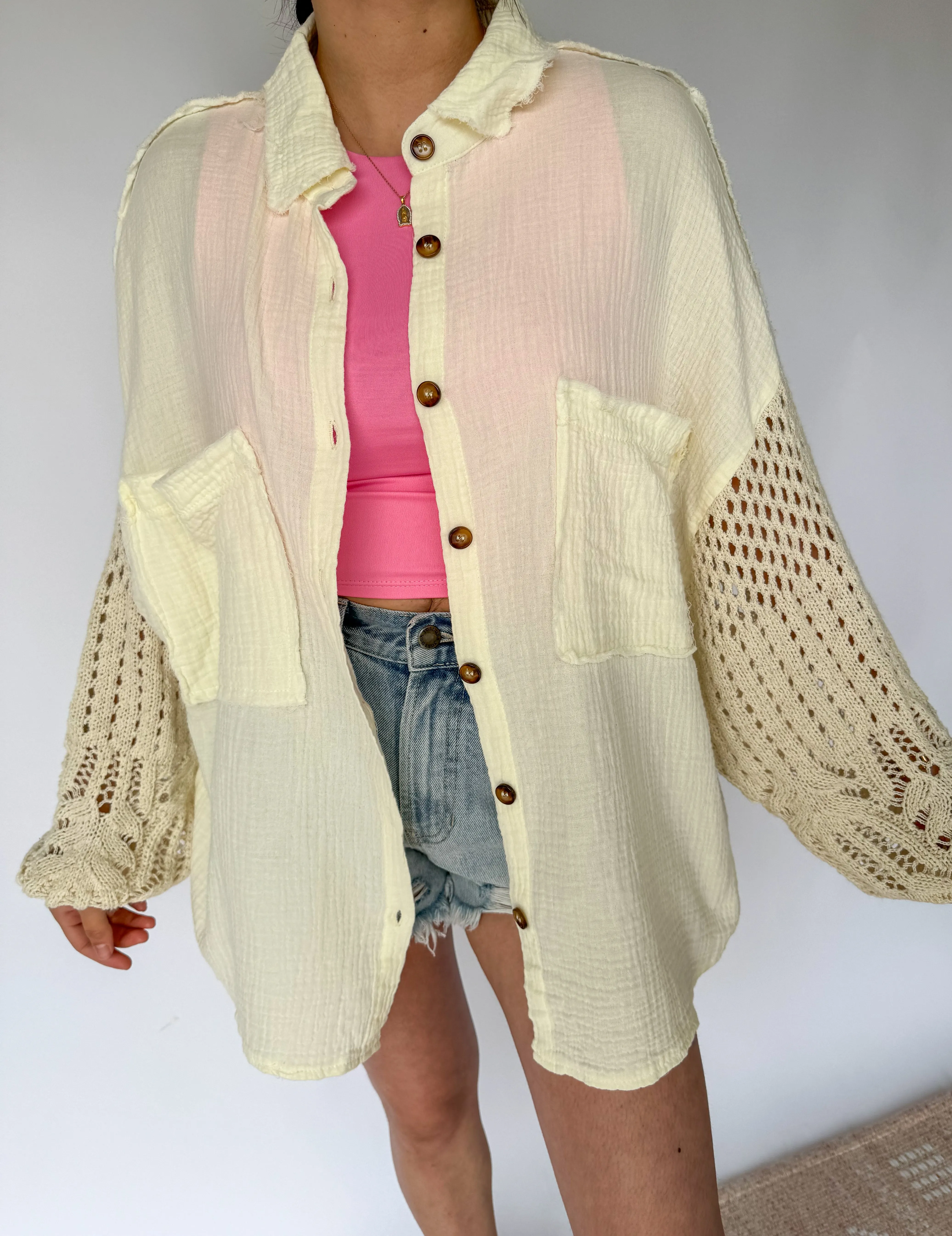 Daydream Crochet Sleeve Button Up Gauze Top