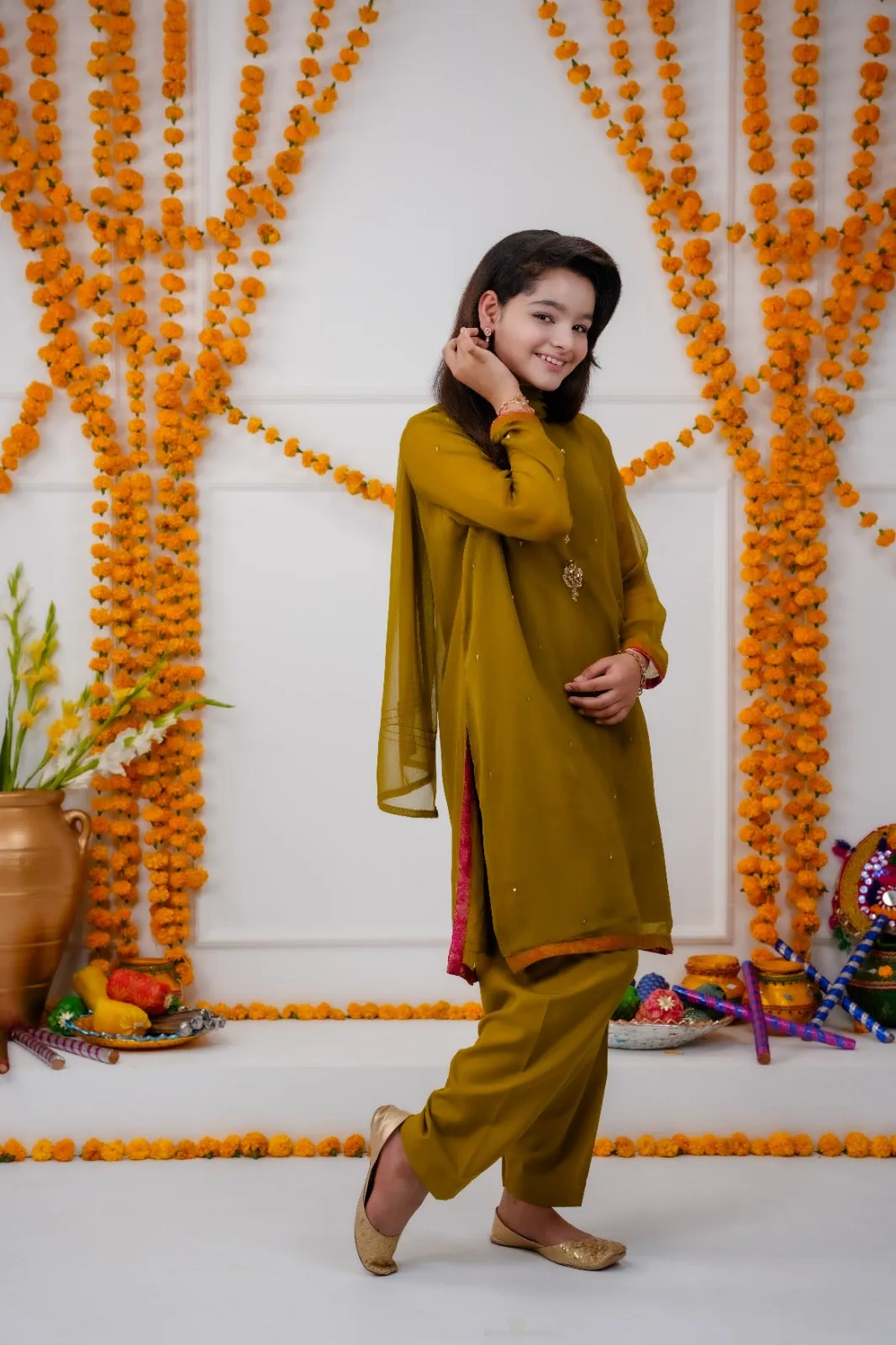 Dazzling Dhani Green Kids Ensemble 3-piece stitched