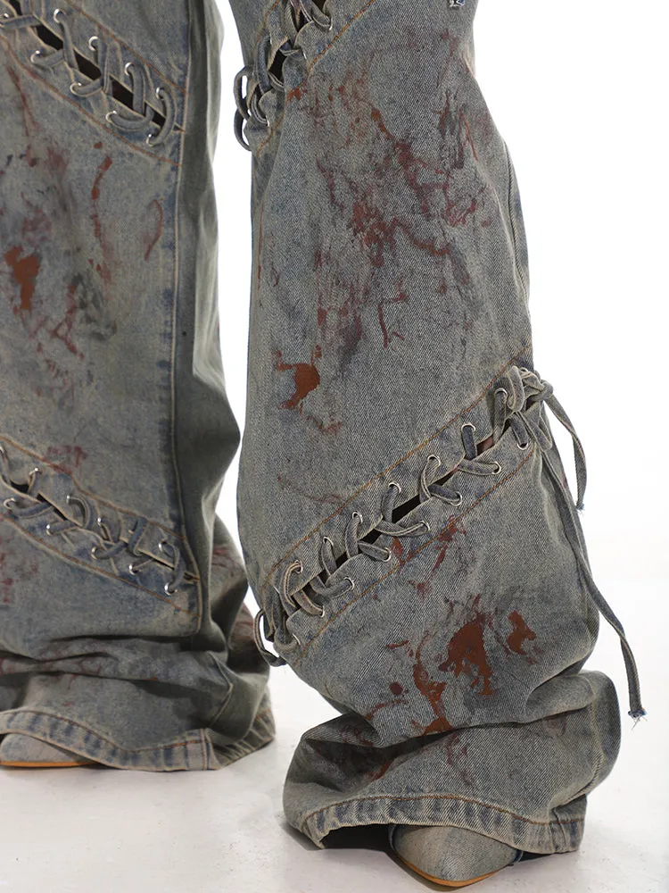 Deconstructed Lace-up Jigsaw Denim Jeans