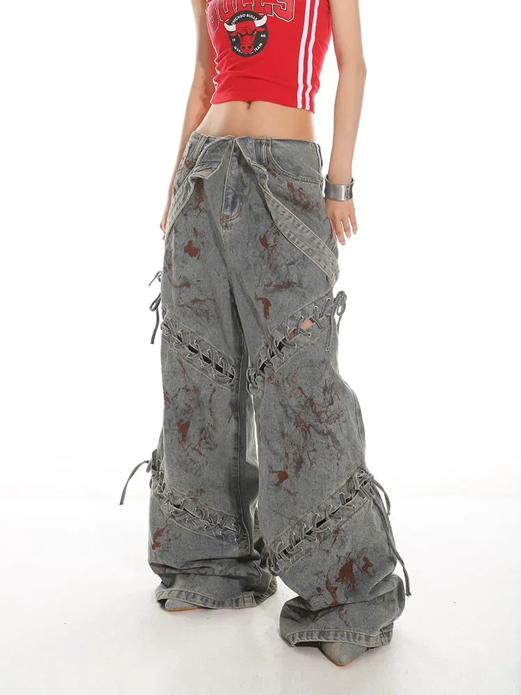 Deconstructed Lace-up Jigsaw Denim Jeans