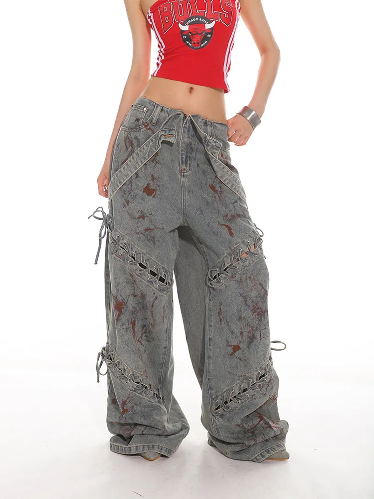 Deconstructed Lace-up Jigsaw Denim Jeans