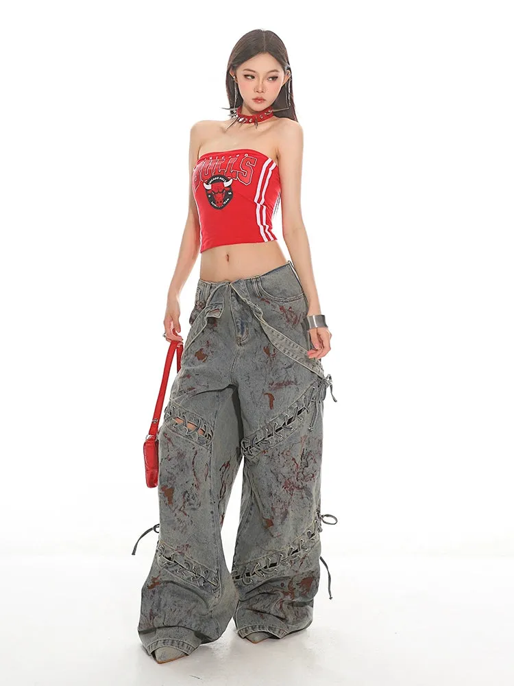 Deconstructed Lace-up Jigsaw Denim Jeans
