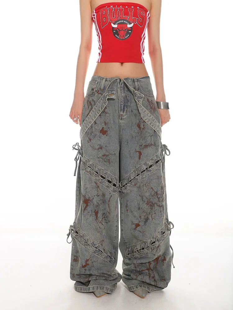 Deconstructed Lace-up Jigsaw Denim Jeans
