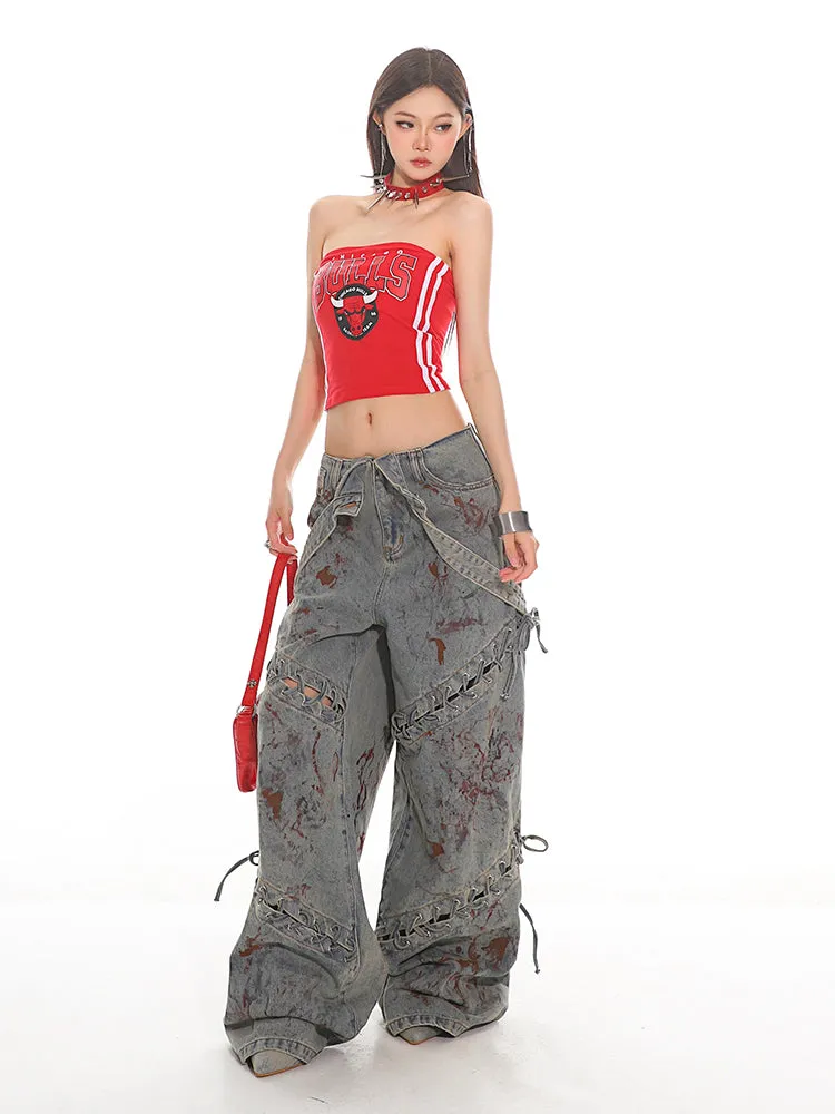 Deconstructed Lace-up Jigsaw Denim Jeans