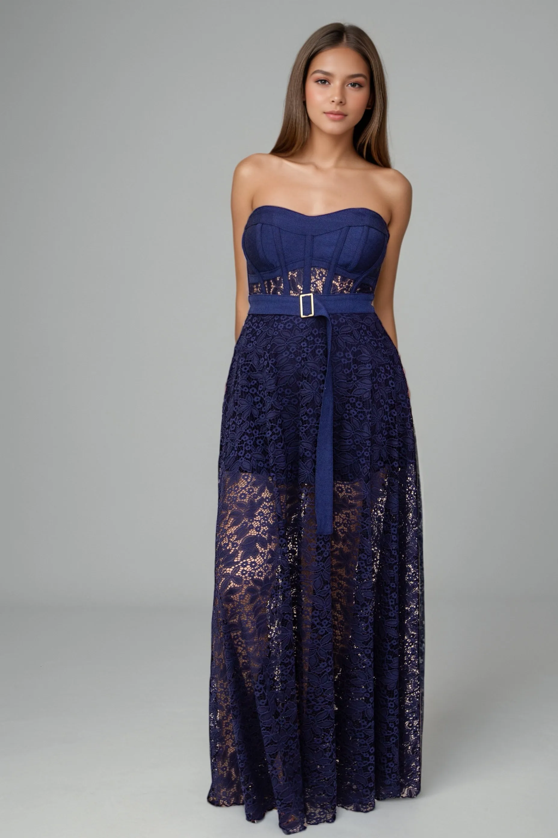 Demi Denim & Lace Bustier Maxi Dress in Navy