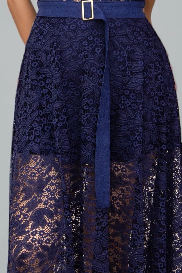 Demi Denim & Lace Bustier Maxi Dress in Navy