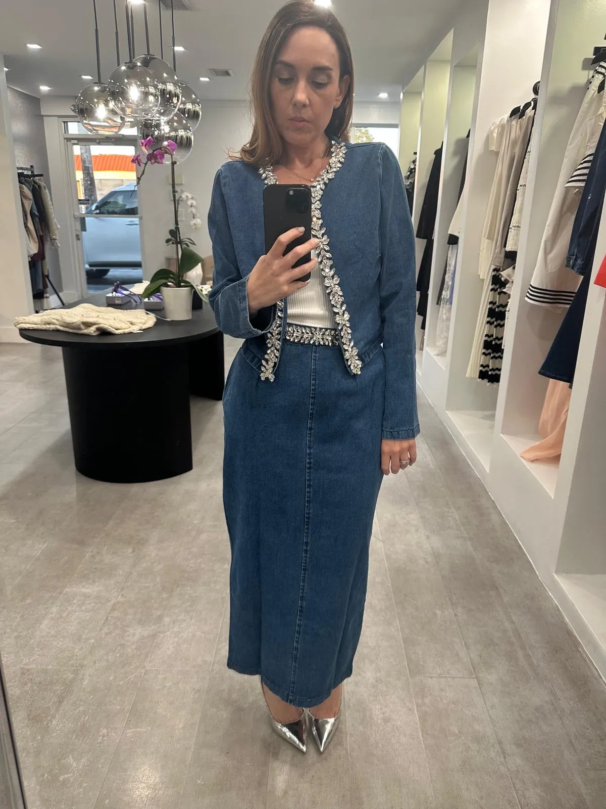 DENIM DIAMANTE SKIRT SET