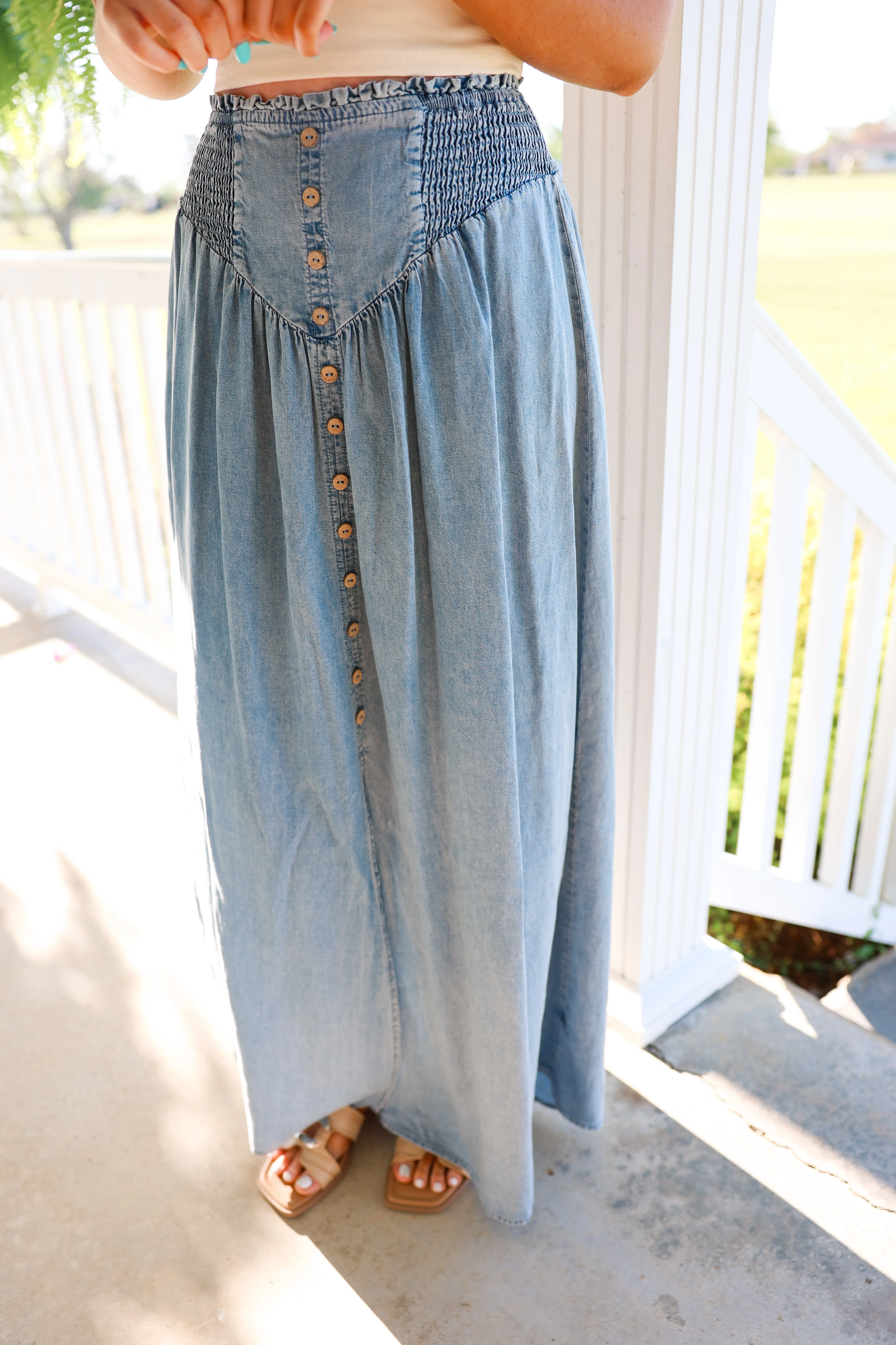 Denim Front Slit Maxi Skirt