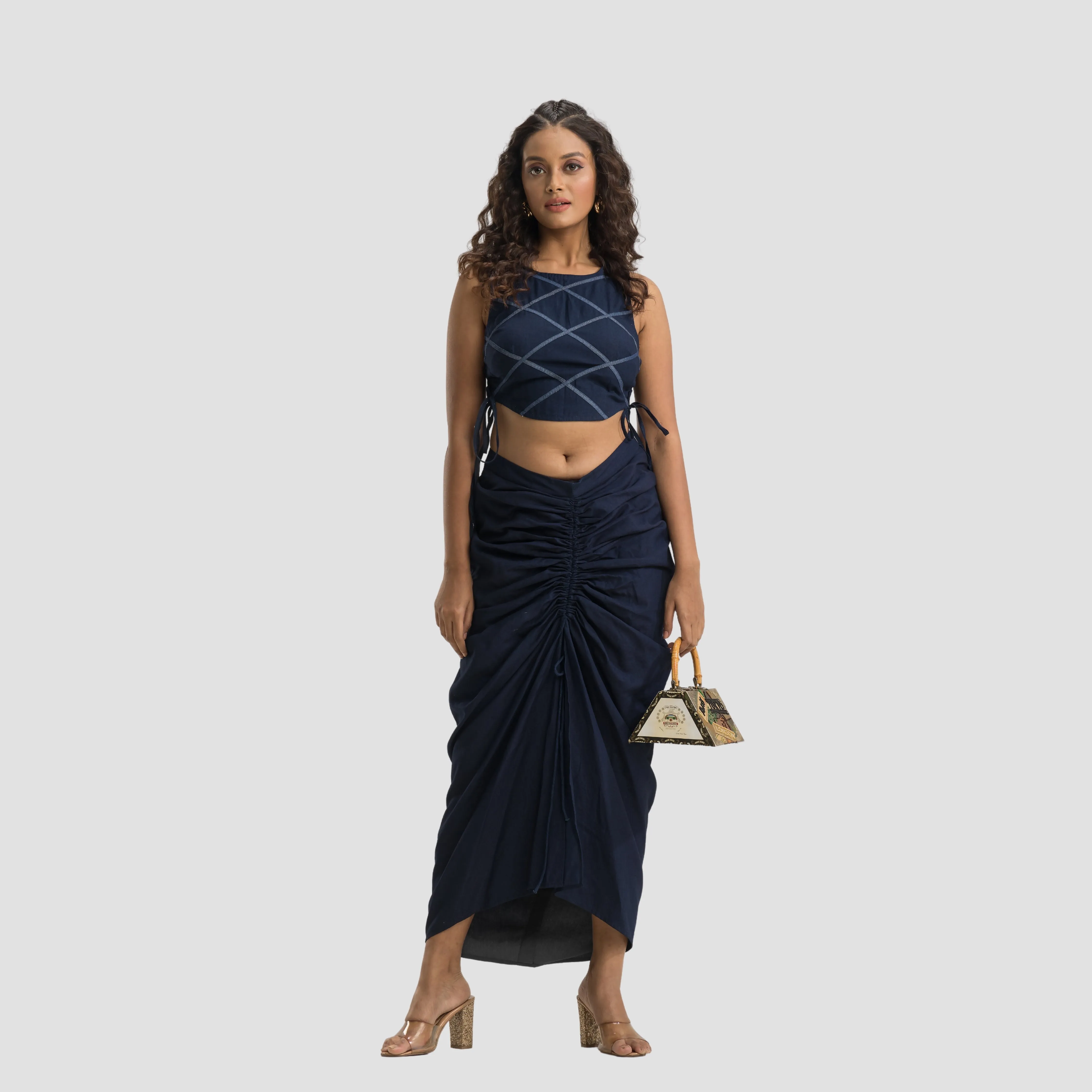 Denim Rouched Tie Up Skirt