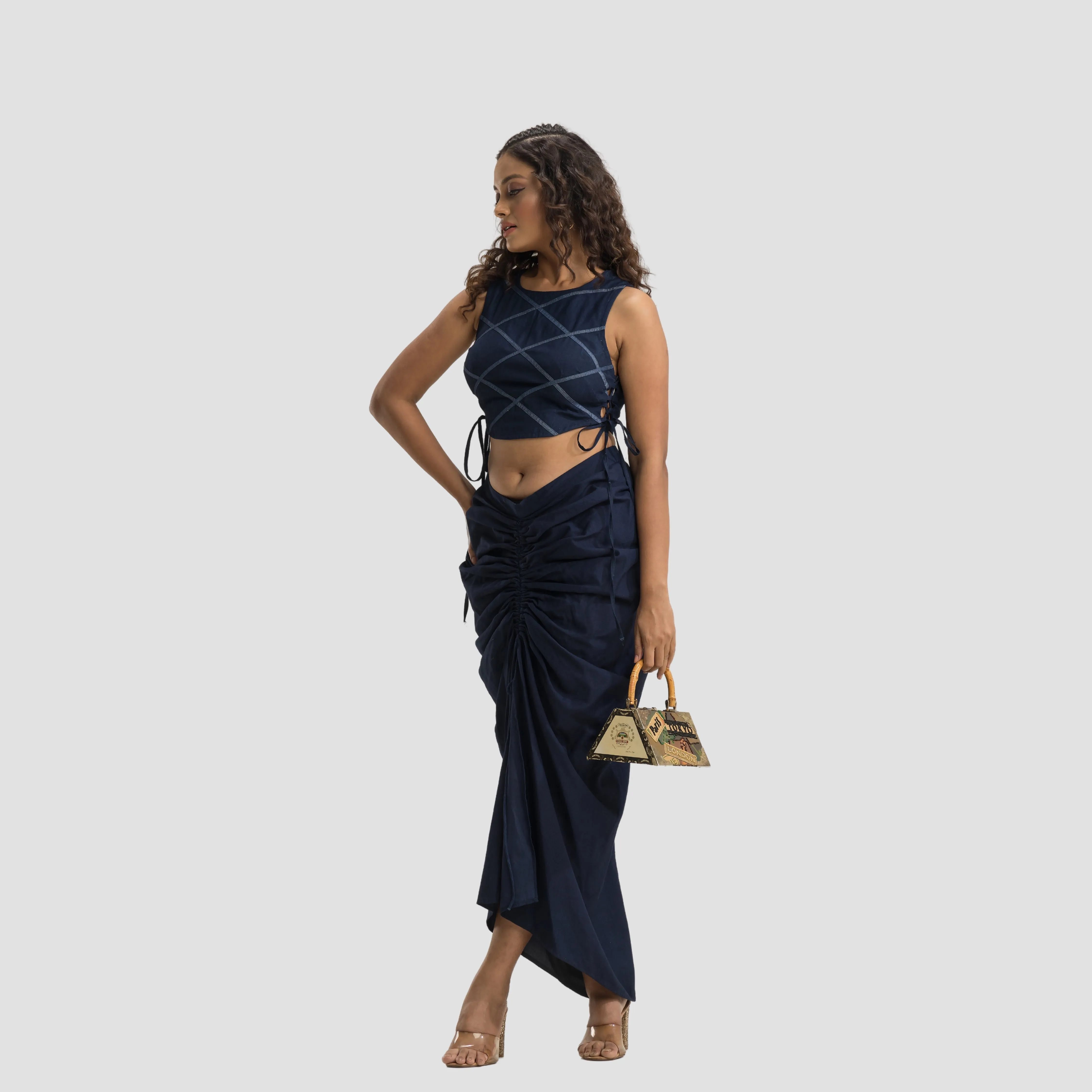 Denim Rouched Tie Up Skirt