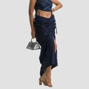 Denim Rouched Tie Up Skirt