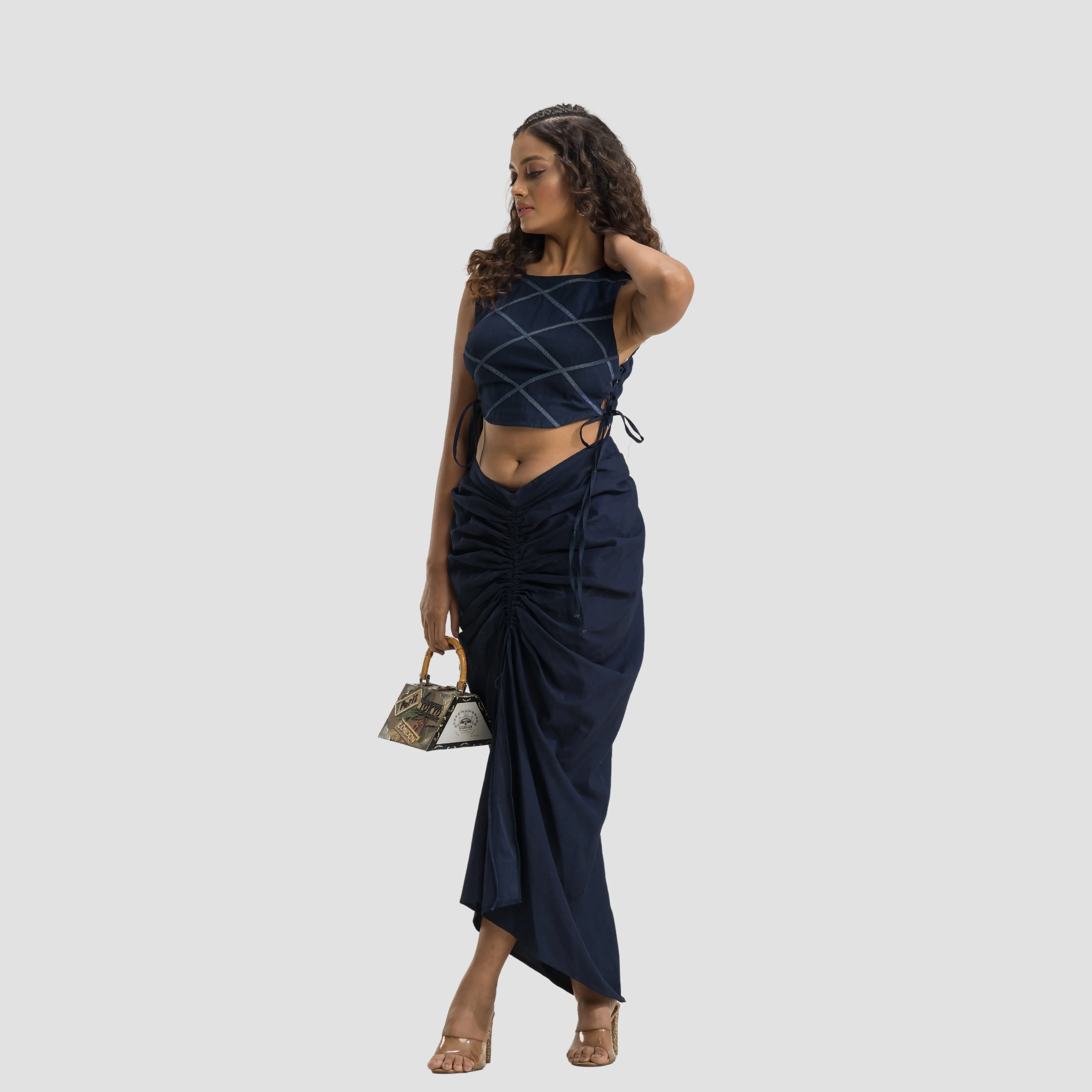 Denim Rouched Tie Up Skirt